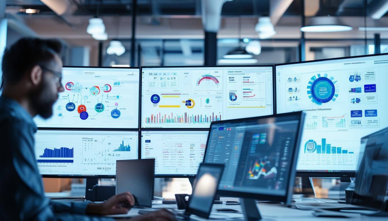 IT team monitoring RPA workflows on screens.