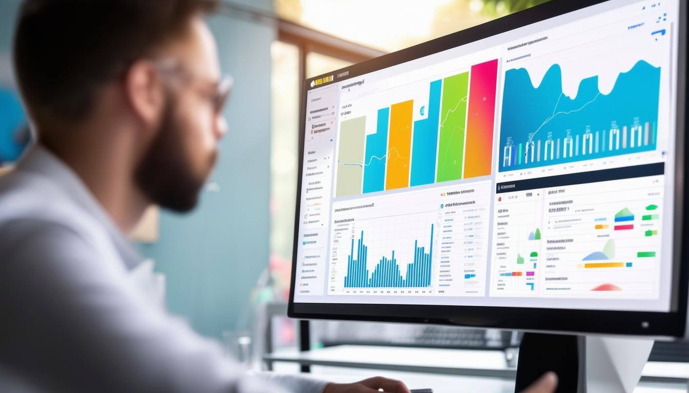 A marketing professional reviewing an AI-driven analytics dashboard with colorful graphs in a modern, well-lit office.